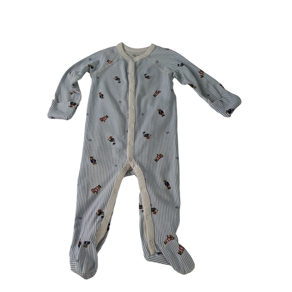Ralph Lauren Baby Boy 9M Polo Bear Striped Footed Coverall Blue White Snap Front